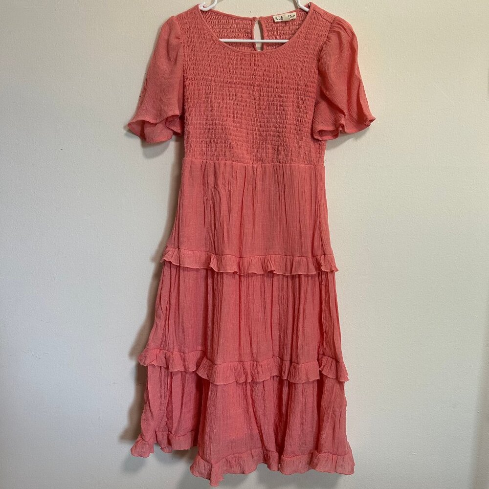Unbranded Coral Pink Midi Dress with Ruffled Tiers
